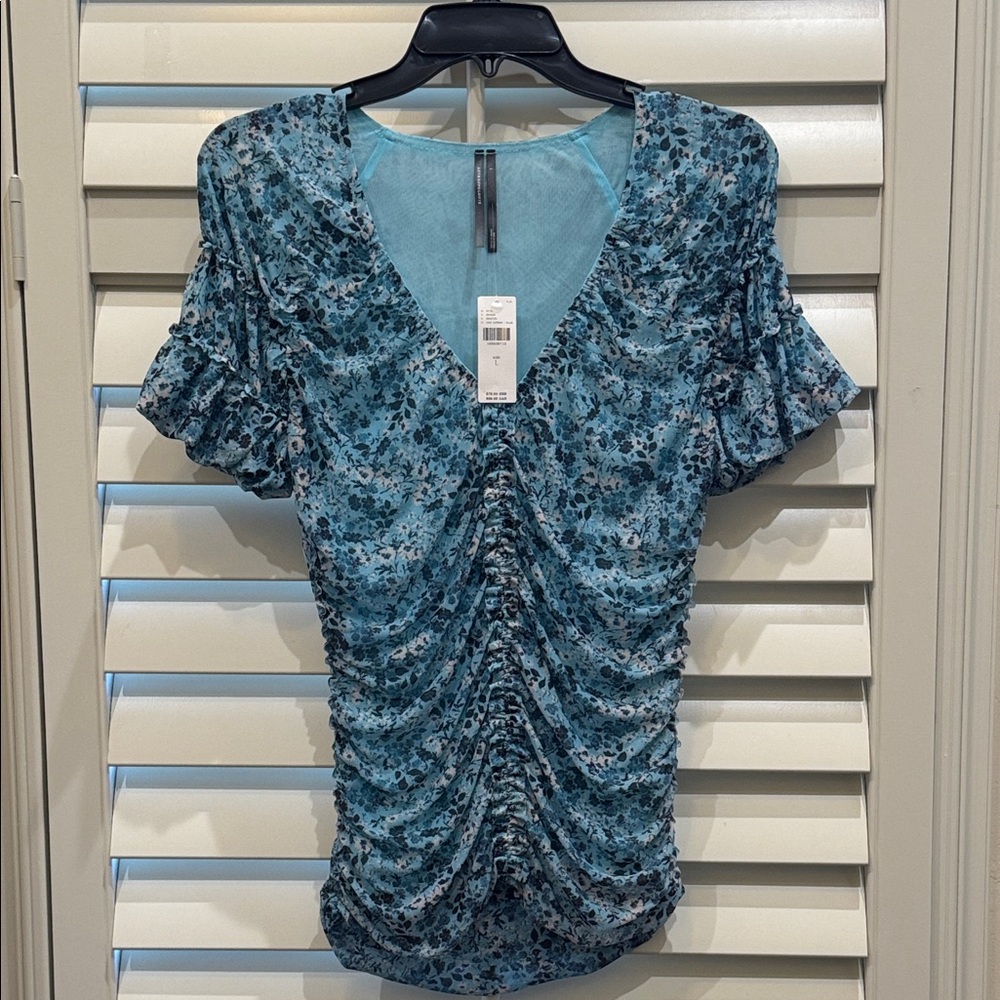 Anthropologie Blue Floral Ruched Blouse